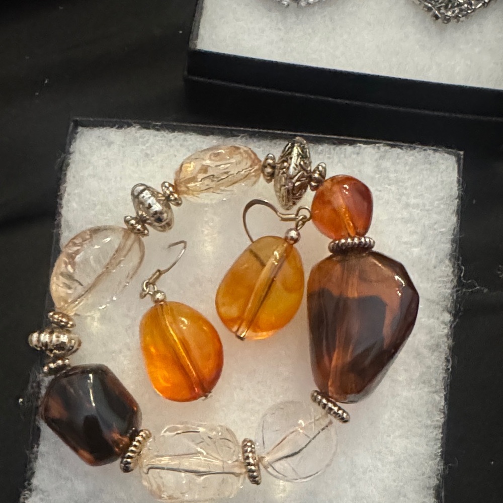 Elegant Amber and Silver Beaded Bracelet Set with earrings